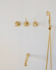 Unlacquered Brass Shower System, High Pressure Curved Arm, Santorini Style