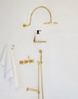 Unlacquered Brass Shower System, High Pressure Curved Arm, Santorini Style