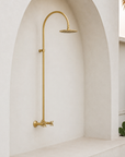 Whitney Exposed Pipe Wall Mount Shower with Rainfall Shower Head – Unlacquered Brass