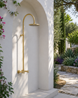 Whitney Exposed Pipe Wall Mount Shower with Rainfall Shower Head – Unlacquered Brass