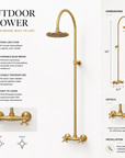 Whitney Exposed Pipe Wall Mount Shower with Rainfall Shower Head – Unlacquered Brass