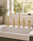 Unlacquered Brass Bridge Kitchen Faucet with Side Sprayer - 3 Legs Bridge