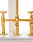 Unlacquered Brass Bridge Kitchen Faucet with Side Sprayer - 3 Legs Bridge
