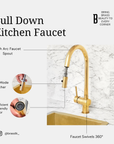 Unlacquered Solid Brass Pull Down Kitchen Faucet