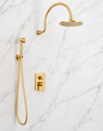 Camargo unlacquered brass full shower set with curved wall-mounted arm