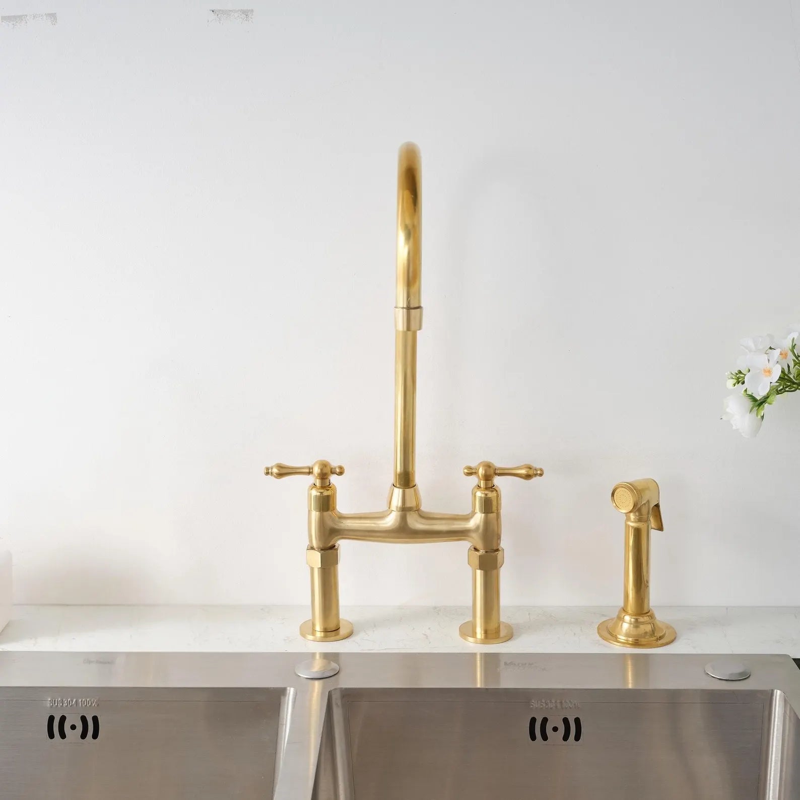 Unlacquered Brass Kitchen Bridge Faucet - 6” Core