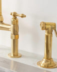 Unlacquered Brass Bridge Kitchen Faucet with Side Sprayer and Drinking Water Tap