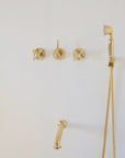 Curved arm unlacquered brass shower set