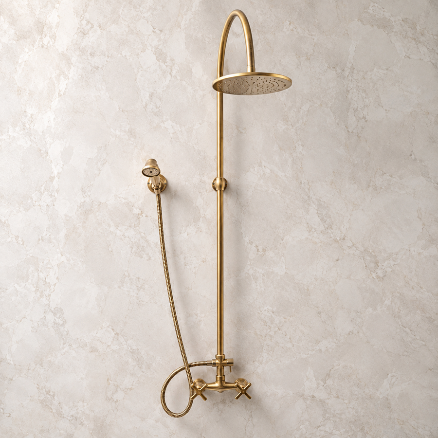 Nashville unlacquered brass exposed shower system with rainfall head and handheld