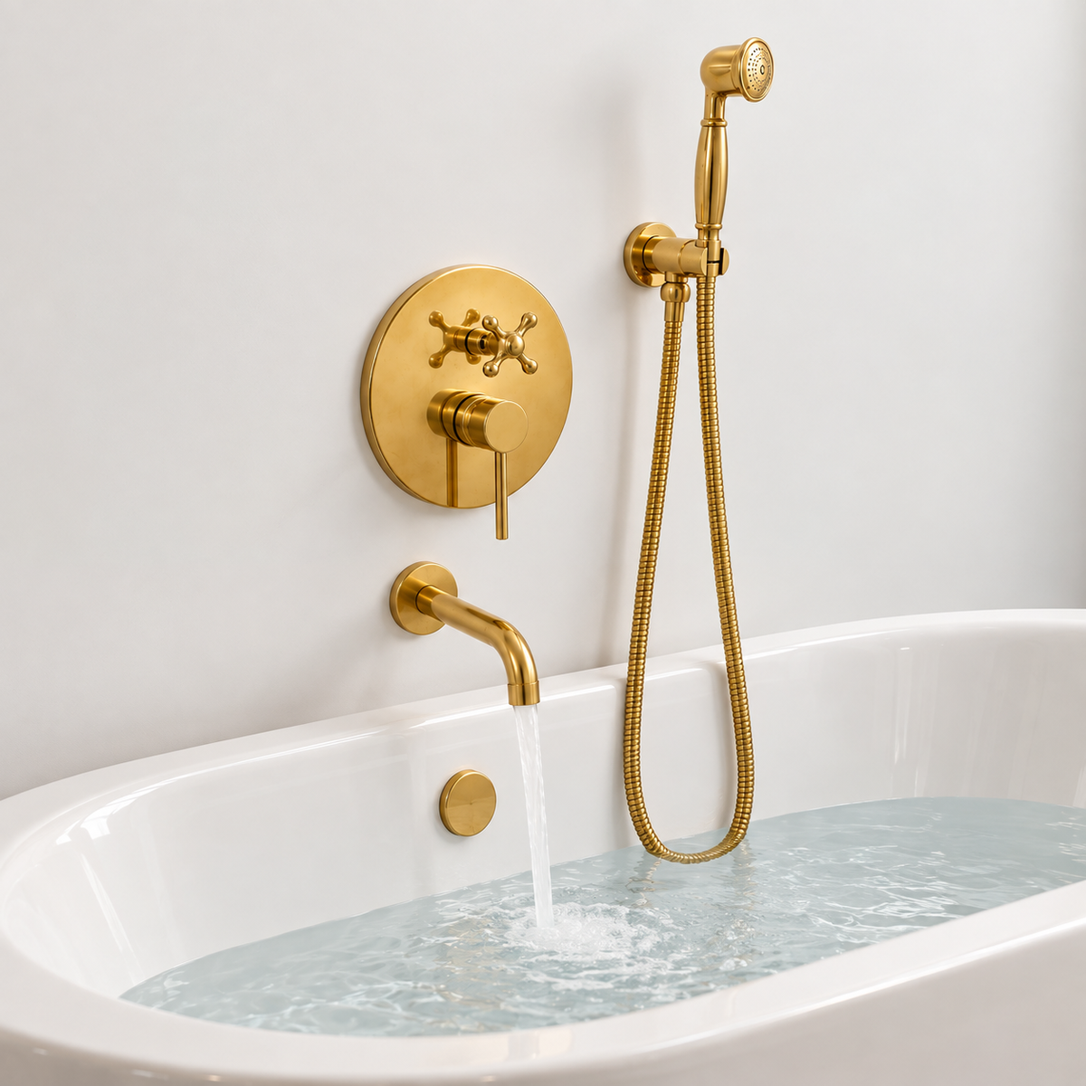 Wall Mounted Tub Filler with Hand Shower – Unlacquered Brass