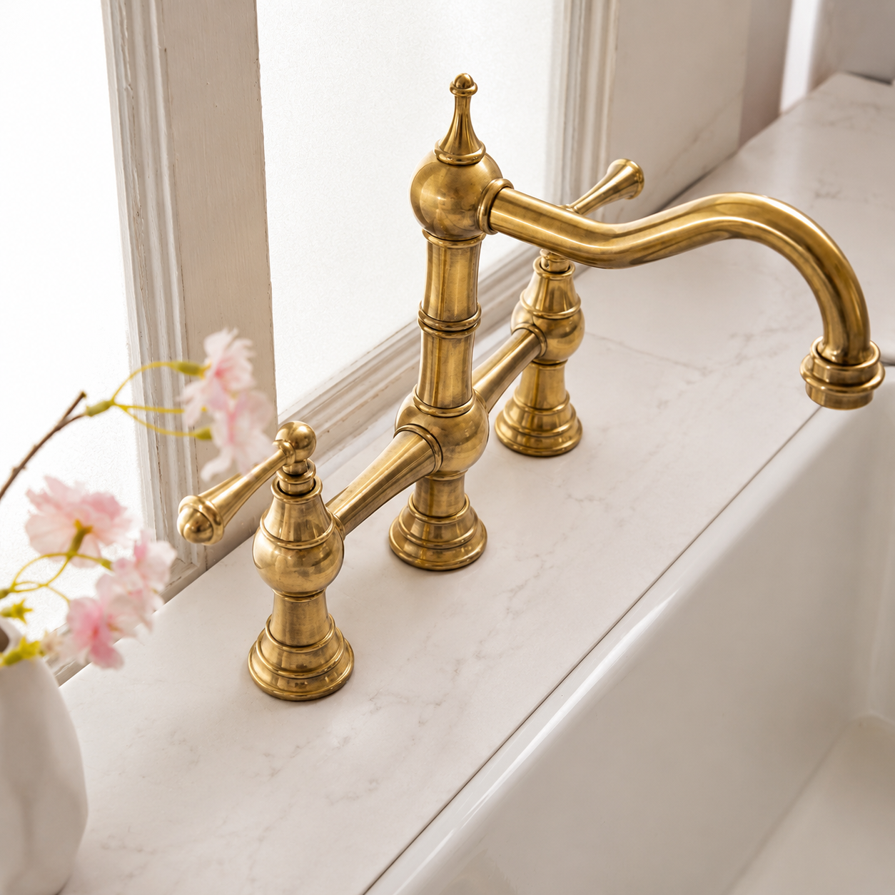 Vintage Bridge Faucet with Side Sprayer - Unlacquered Brass