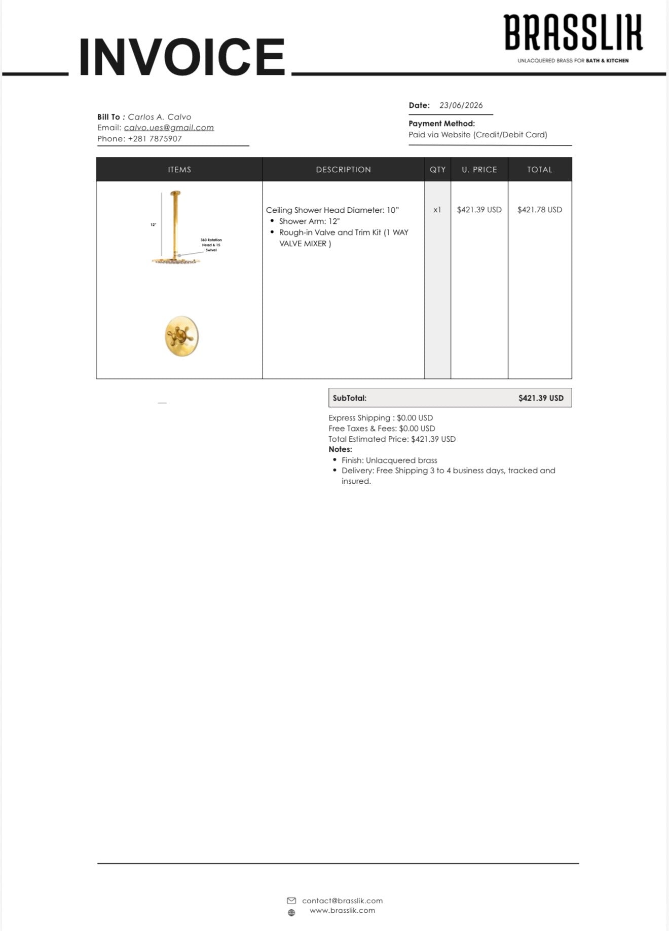 Custom Ceiling Mounted Rain Shower Set – Unlacquered Brass