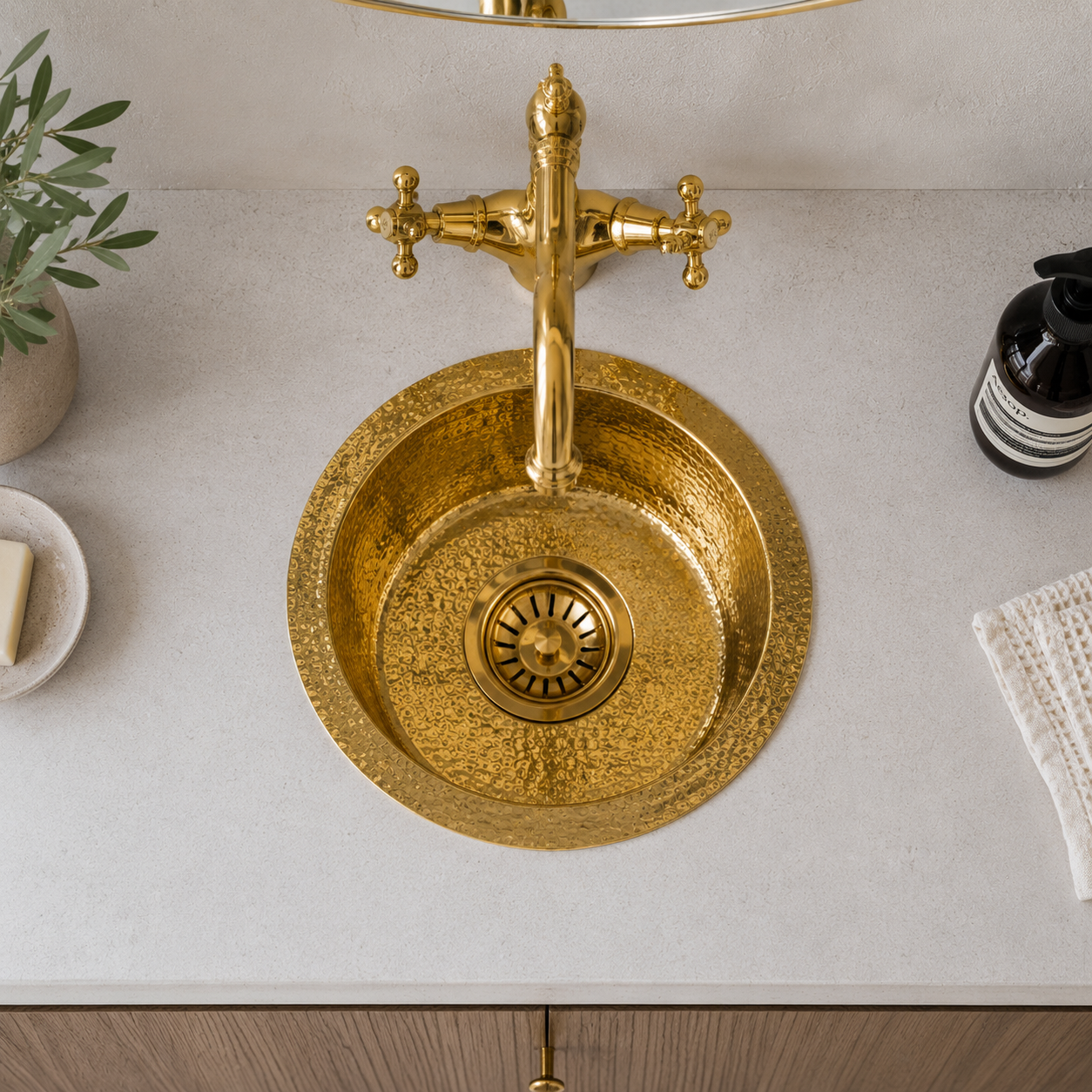 Hammered Unlacquered Brass Round Bar Sink