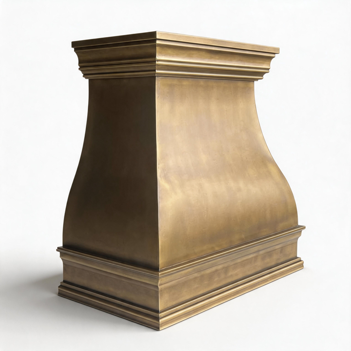 Hand-formed 16-gauge brass French bell range hood by Brasslik