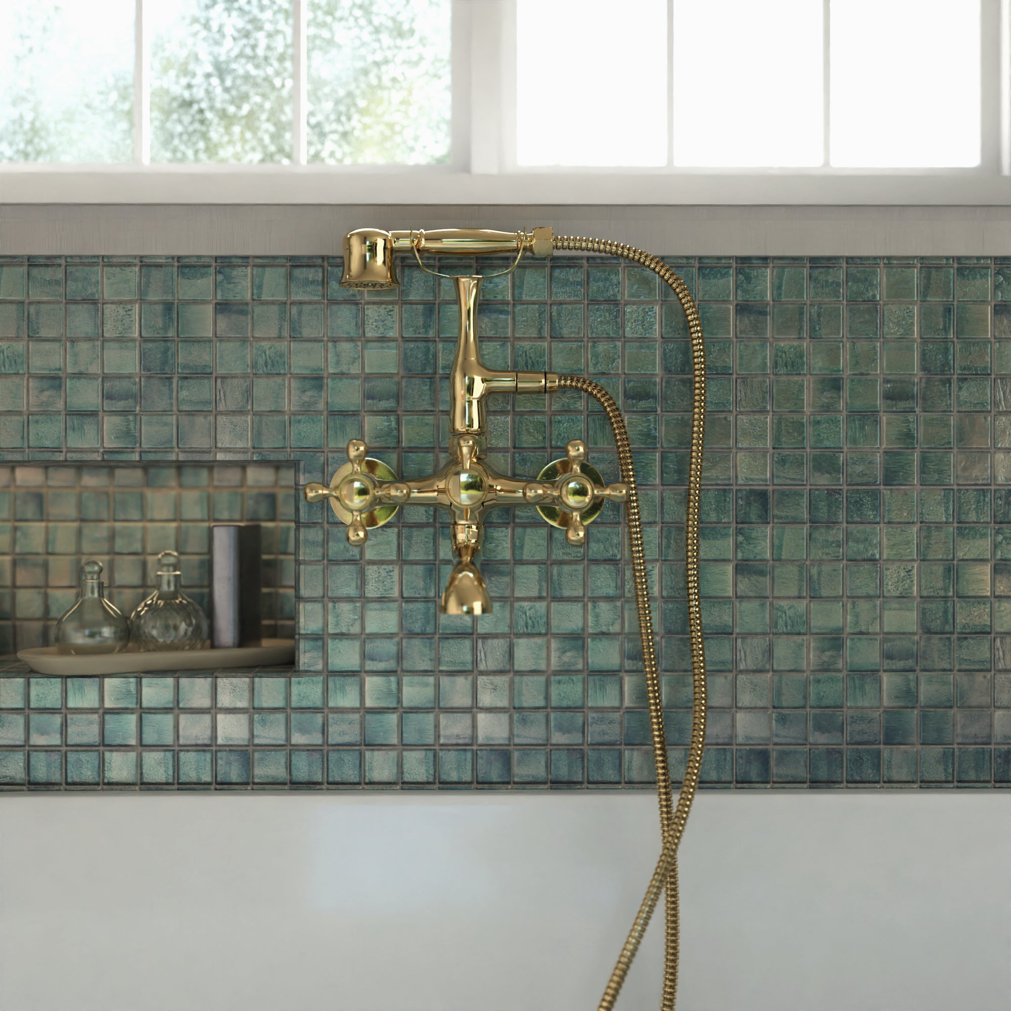 Unlacquered Solid Brass Telephone Tub Filler with Handheld, Deck &amp; Wall Mounted