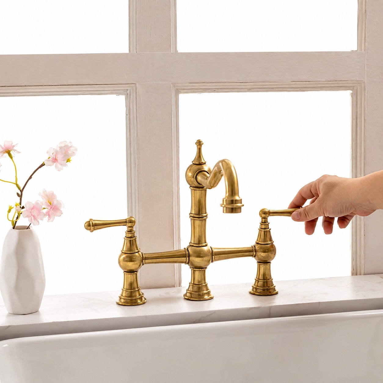 Vintage Bridge Faucet with Side Sprayer - Unlacquered Brass