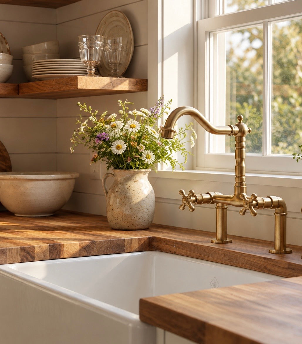 Unlacquered brass bridge faucet for farmhouse sinks