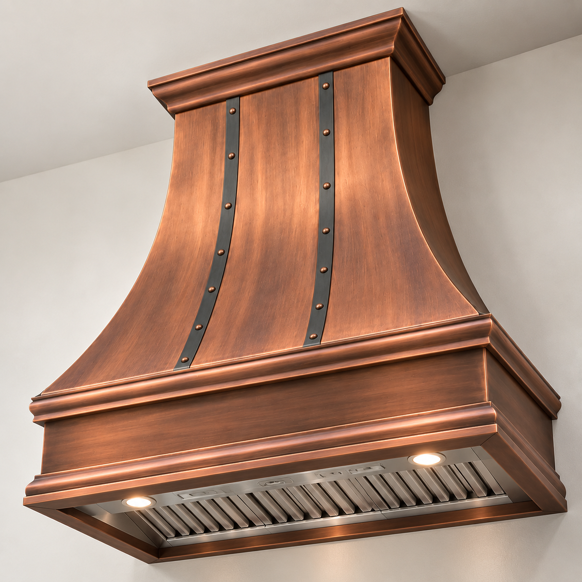 Copper French bell range hood, available in seven finishes