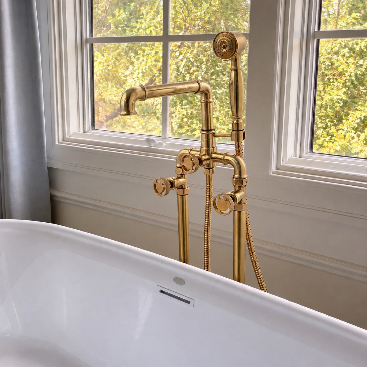 Lewistown Tub Filler with Hand Shower – Unlacquered Brass