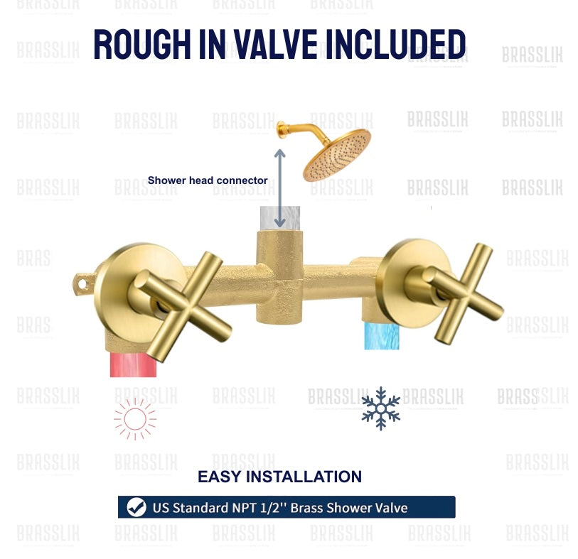 Unlacquered Brass  Shower with Rainfall Shower Head – Hot &amp; Cold Valve