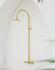 Whitney Exposed Pipe Wall Mount Shower with Rainfall Shower Head – Unlacquered Brass