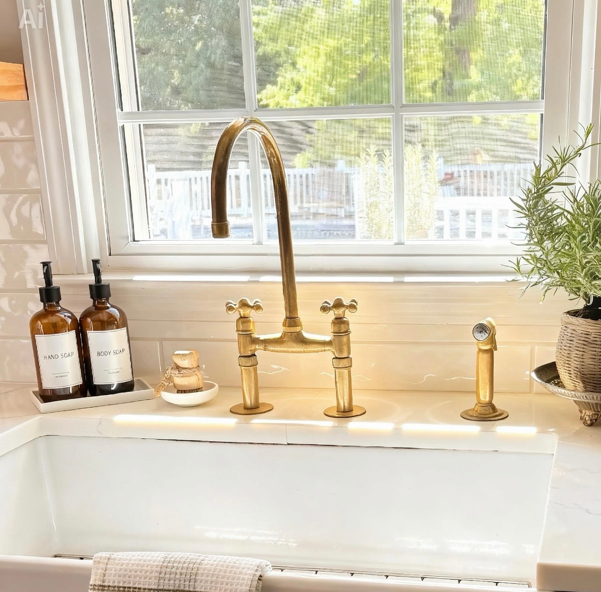 Unlacquered Brass Kitchen Bridge Faucet - Compact Size