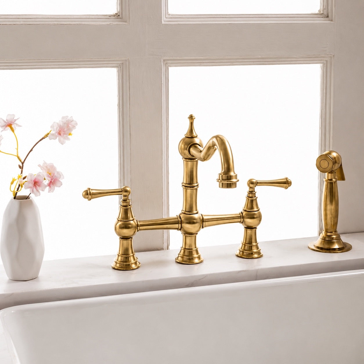 Vintage Bridge Faucet with Side Sprayer - Unlacquered Brass