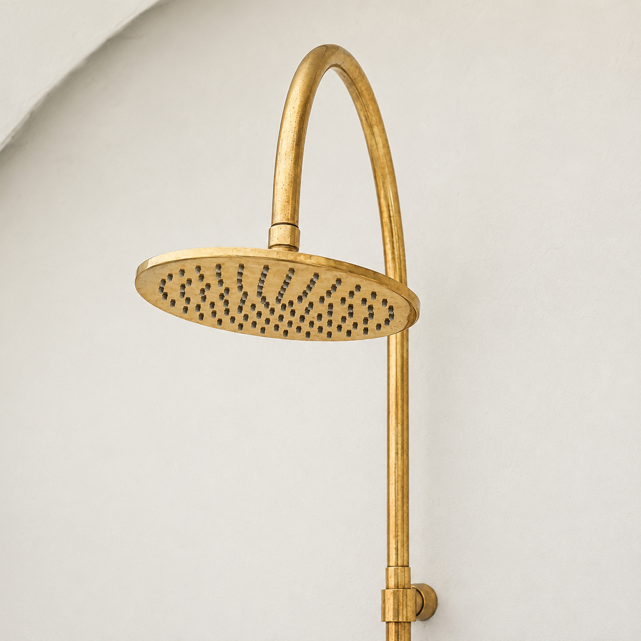 Whitney Exposed Pipe Wall Mount Shower with Rainfall Shower Head – Unlacquered Brass