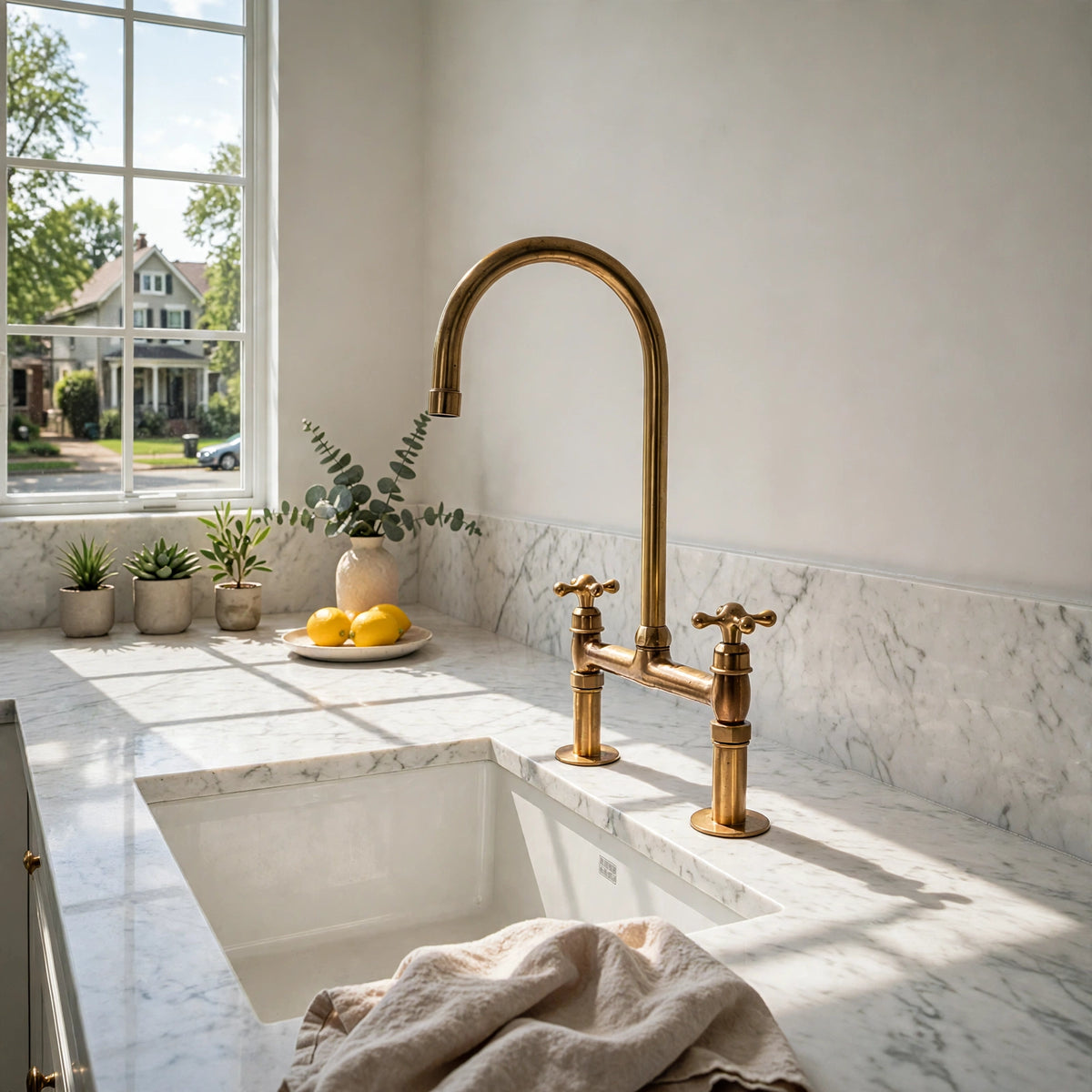 Unlacquered Brass Bridge Kitchen Faucet with Side Sprayer and Drinking Water Tap