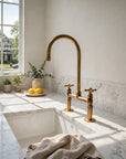 Unlacquered Brass Bridge Kitchen Faucet with Side Sprayer and Drinking Water Tap