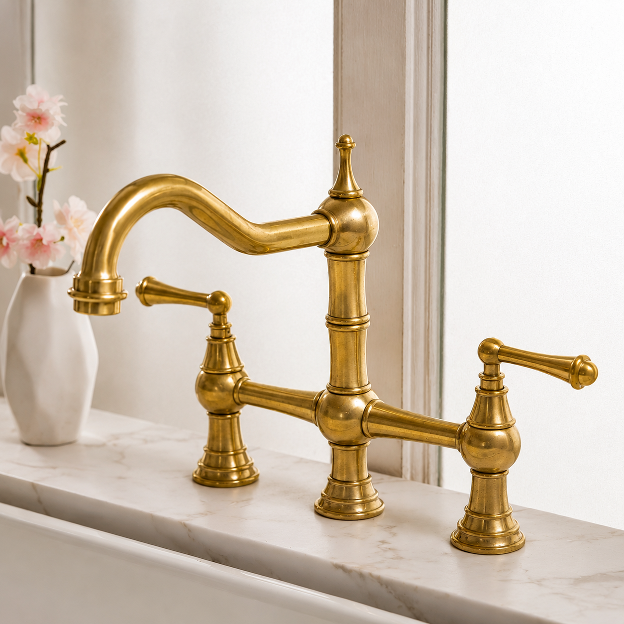 Vintage Bridge Faucet with Side Sprayer - Unlacquered Brass
