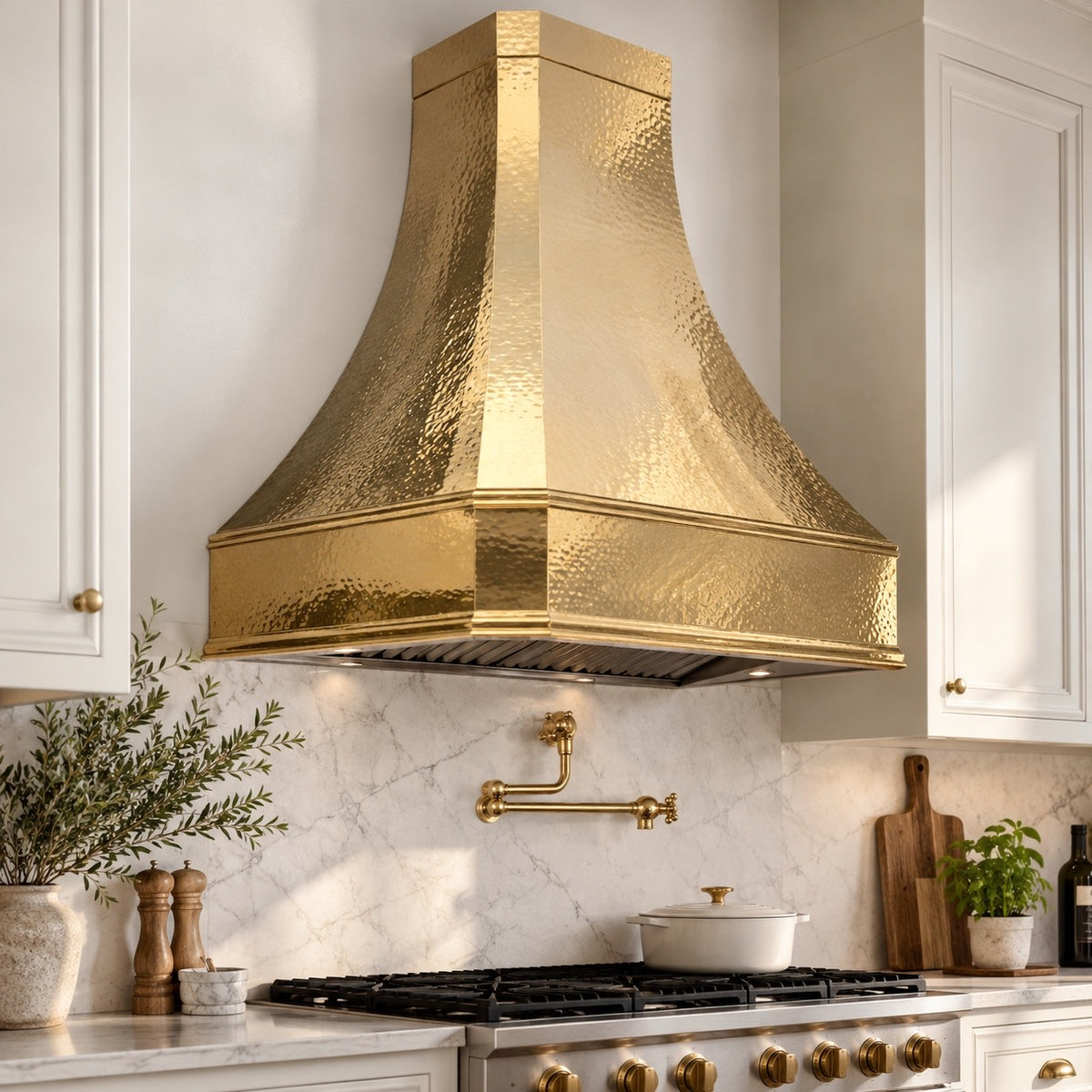 Classic custom brass range hood cover in unlacquered brass