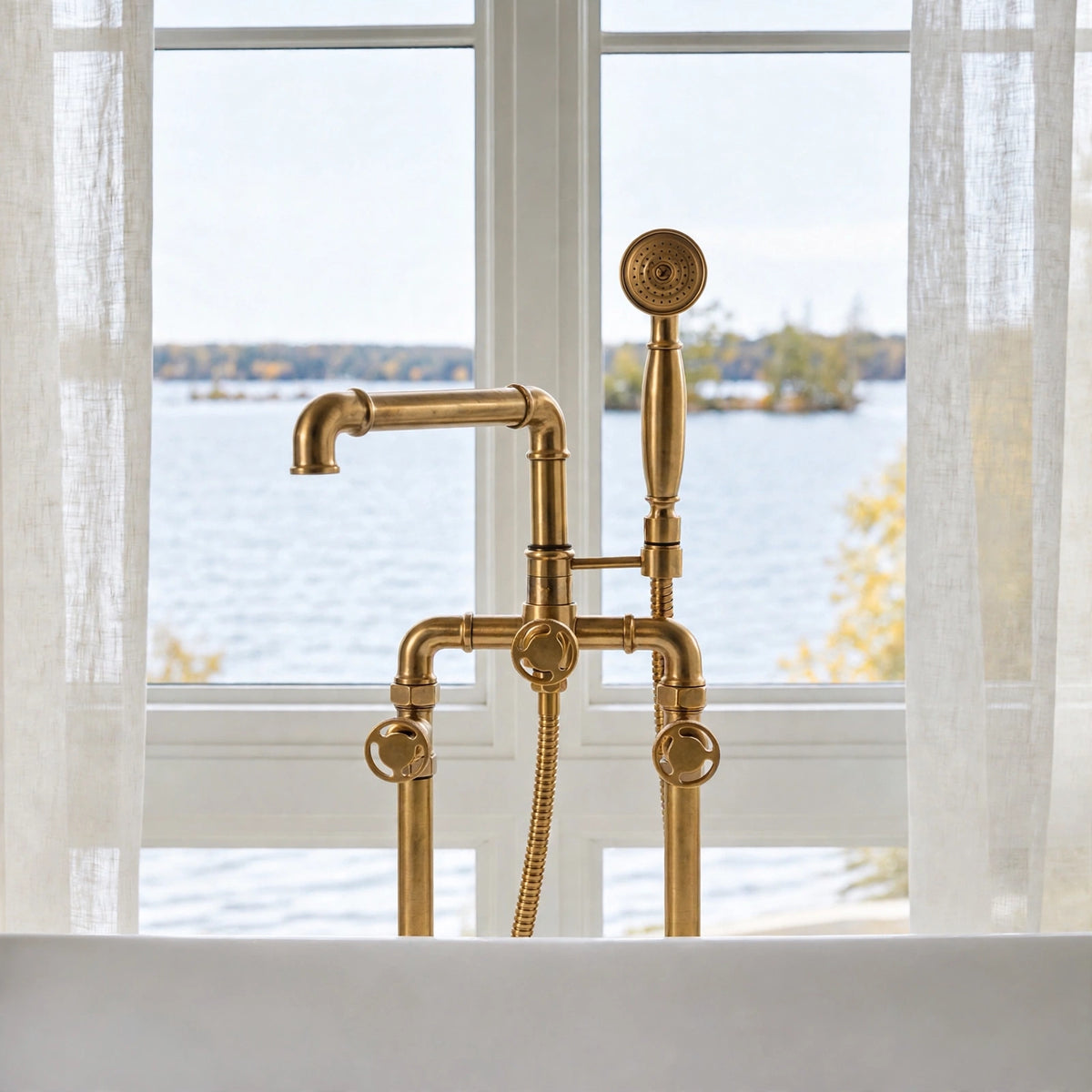 Lewistown Tub Filler with Hand Shower – Unlacquered Brass