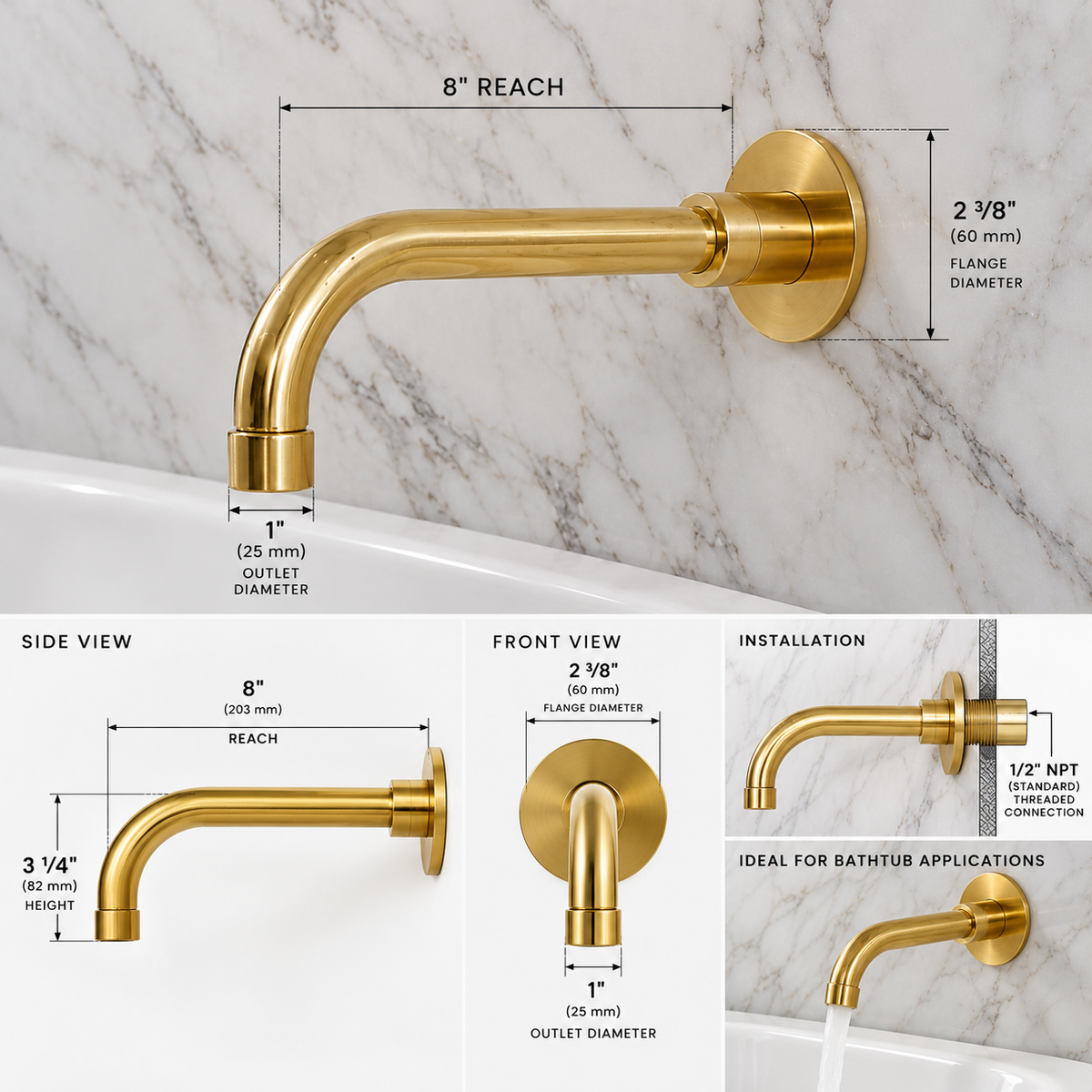 Wall Mounted Tub Filler with Hand Shower – Unlacquered Brass