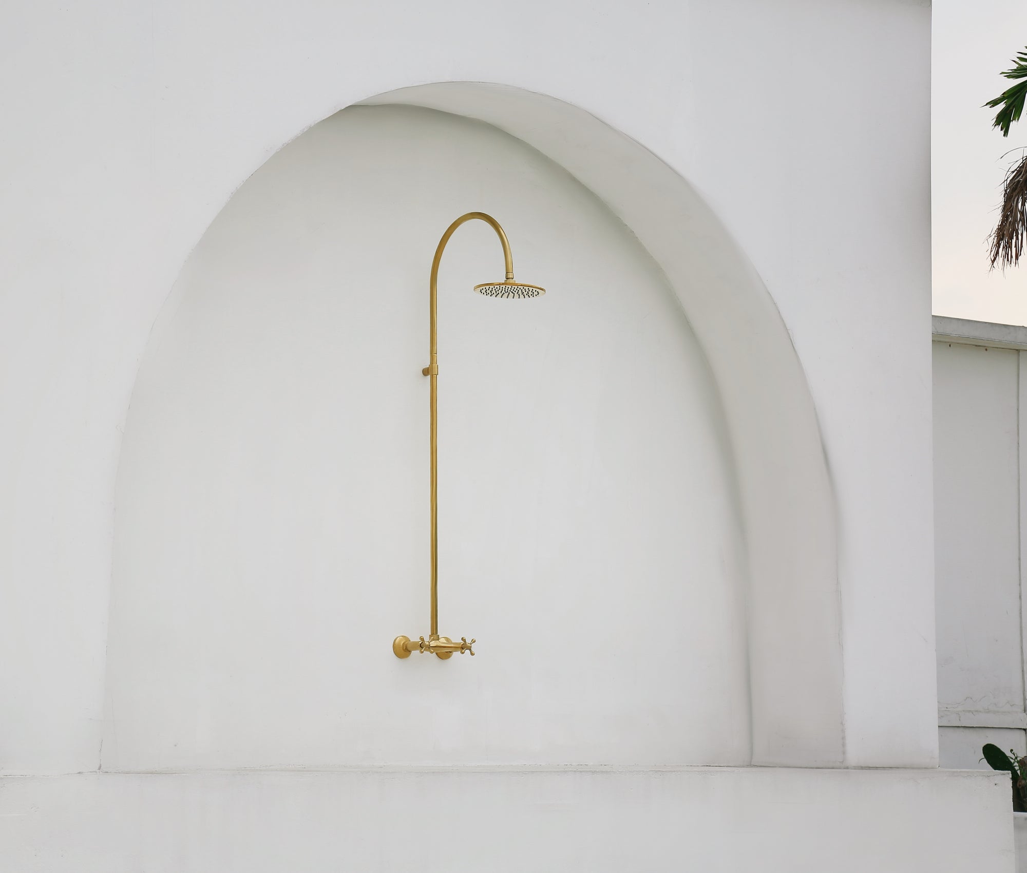 Whitney Exposed Pipe Wall Mount Shower with Rainfall Shower Head – Unlacquered Brass