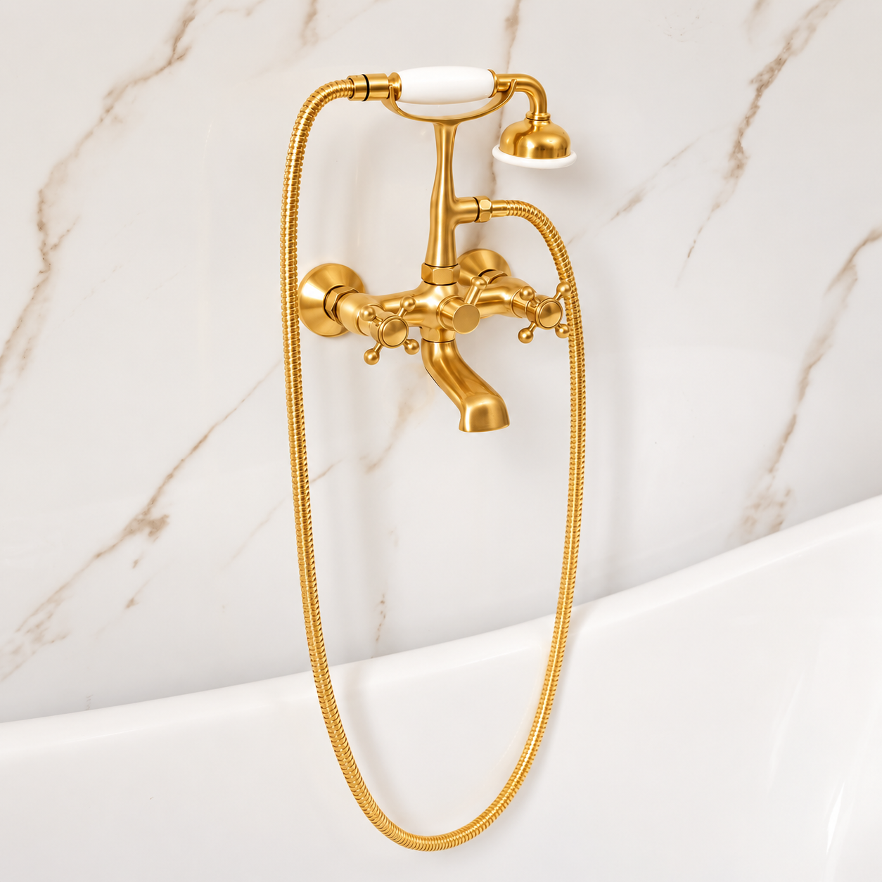 Bespoke Bathtub Wall Mount Filler with Handheld - Unlacquered Brass