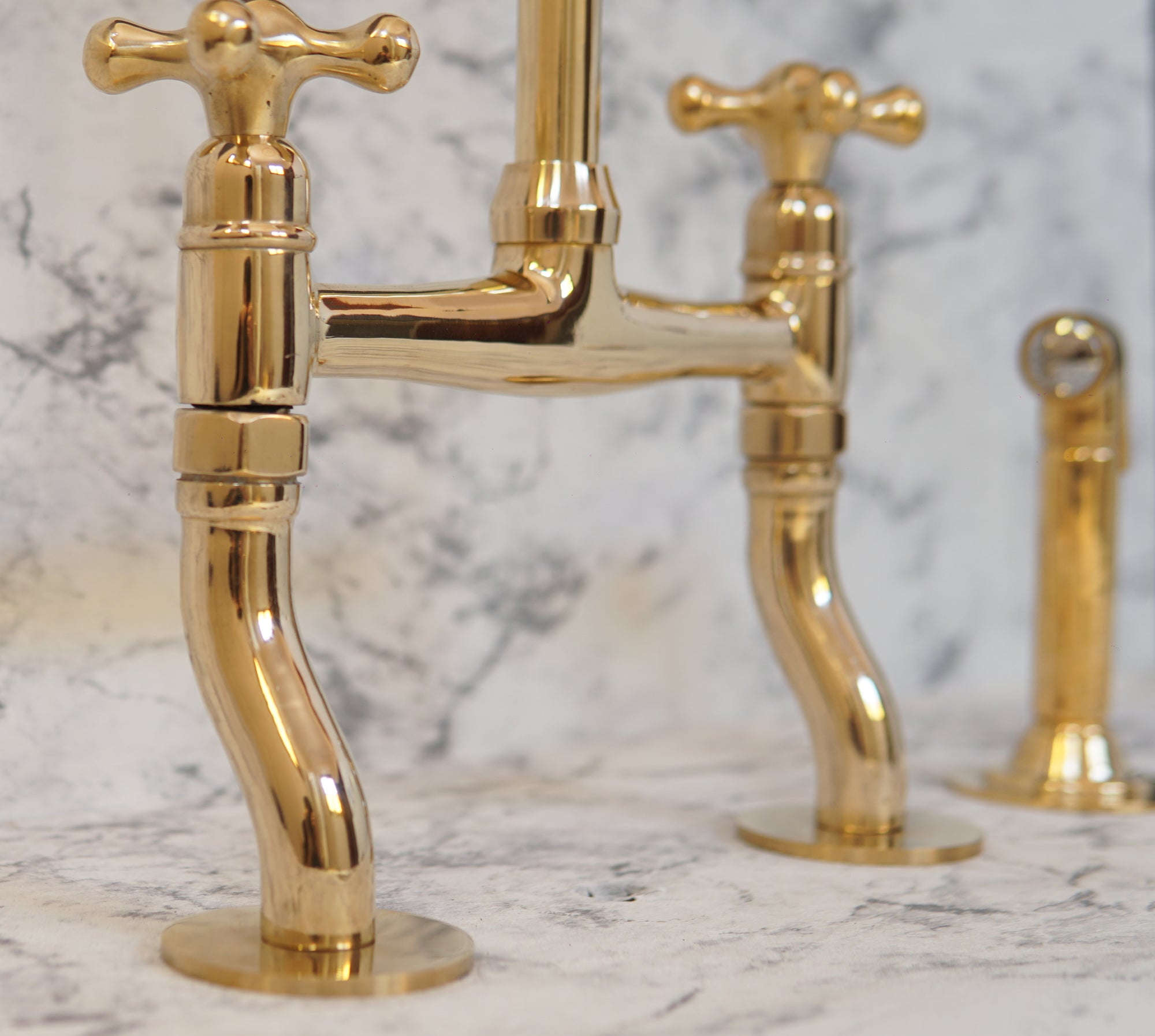 Brass Bridge Kitchen Faucet With Curved Legs