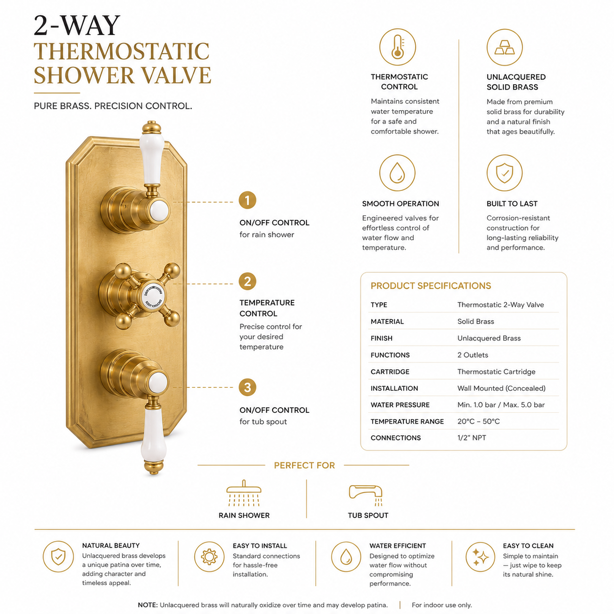 Thermostatic Two Way Shower Valve – Unlacquered Brass