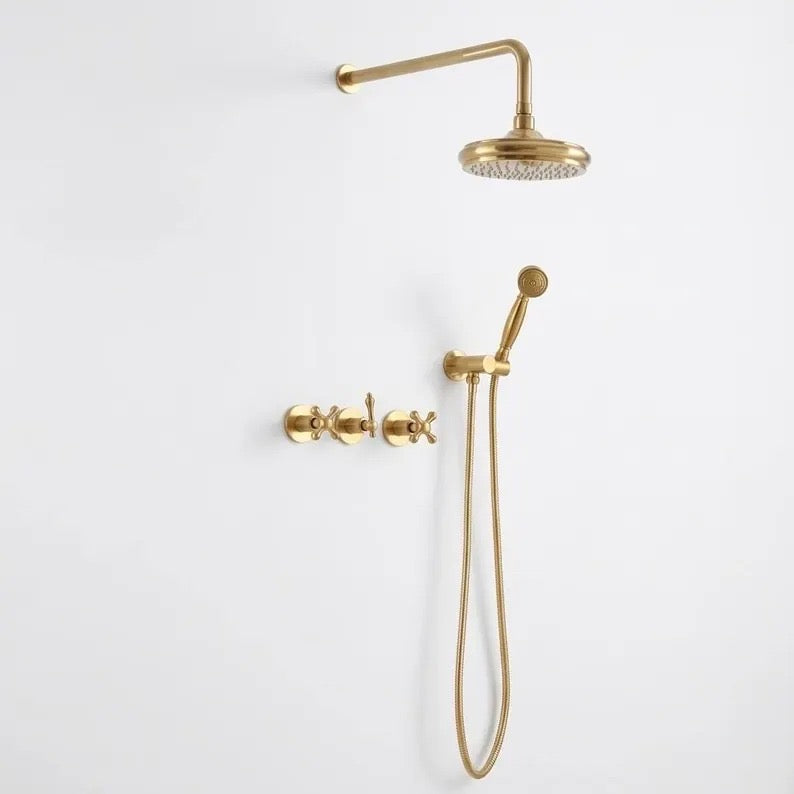Custom Unlacquered Brass Concealed Shower System with Handheld Shower