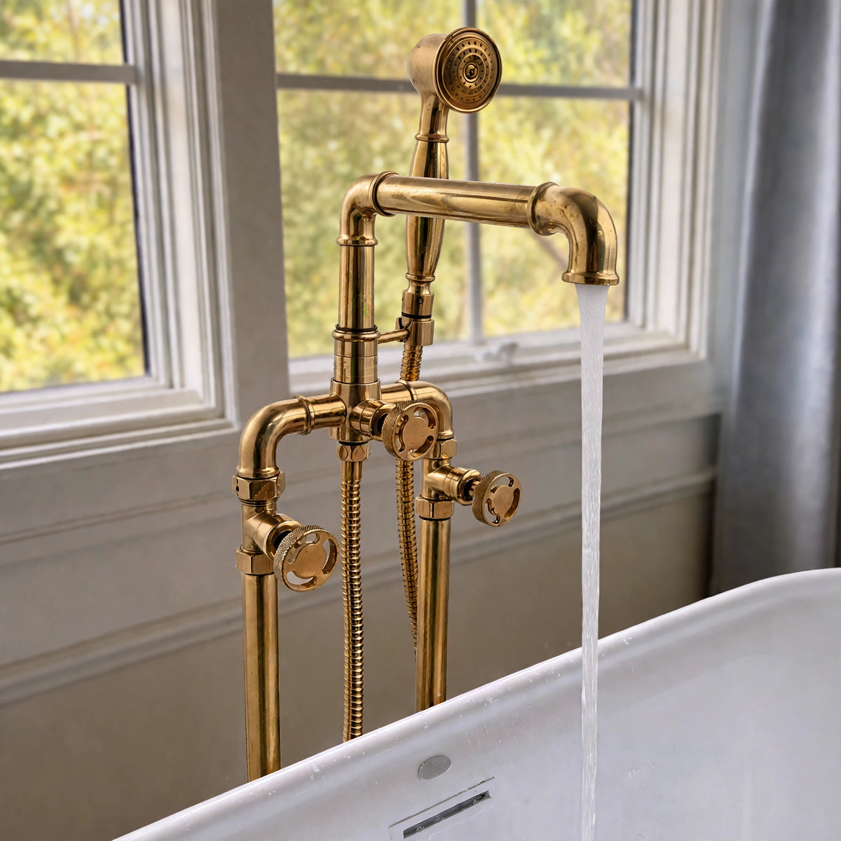 Lewistown Tub Filler with Hand Shower – Unlacquered Brass