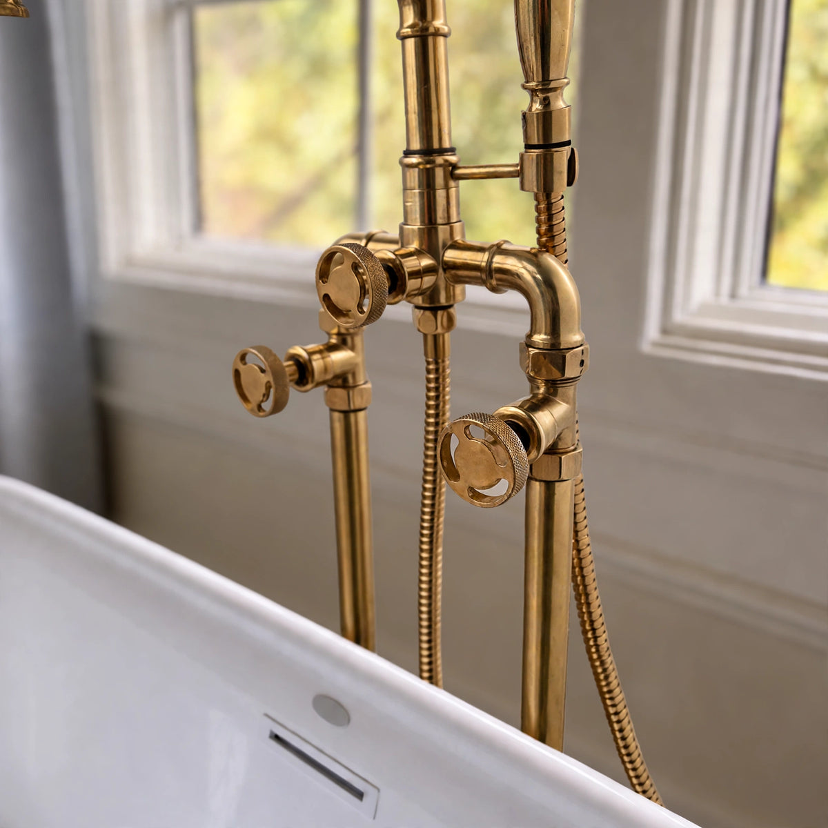 Lewistown Tub Filler with Hand Shower – Unlacquered Brass