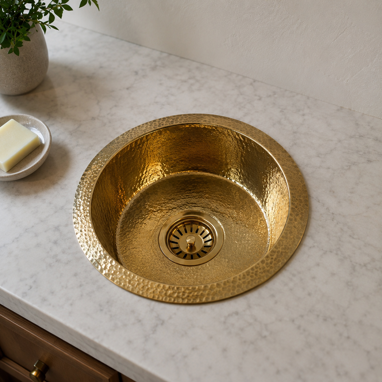 Hammered Unlacquered Brass Round Bar Sink