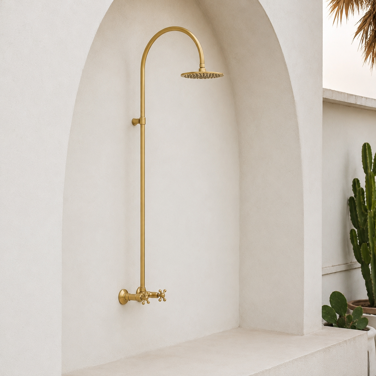 Whitney Exposed Pipe Wall Mount Shower with Rainfall Shower Head – Unlacquered Brass