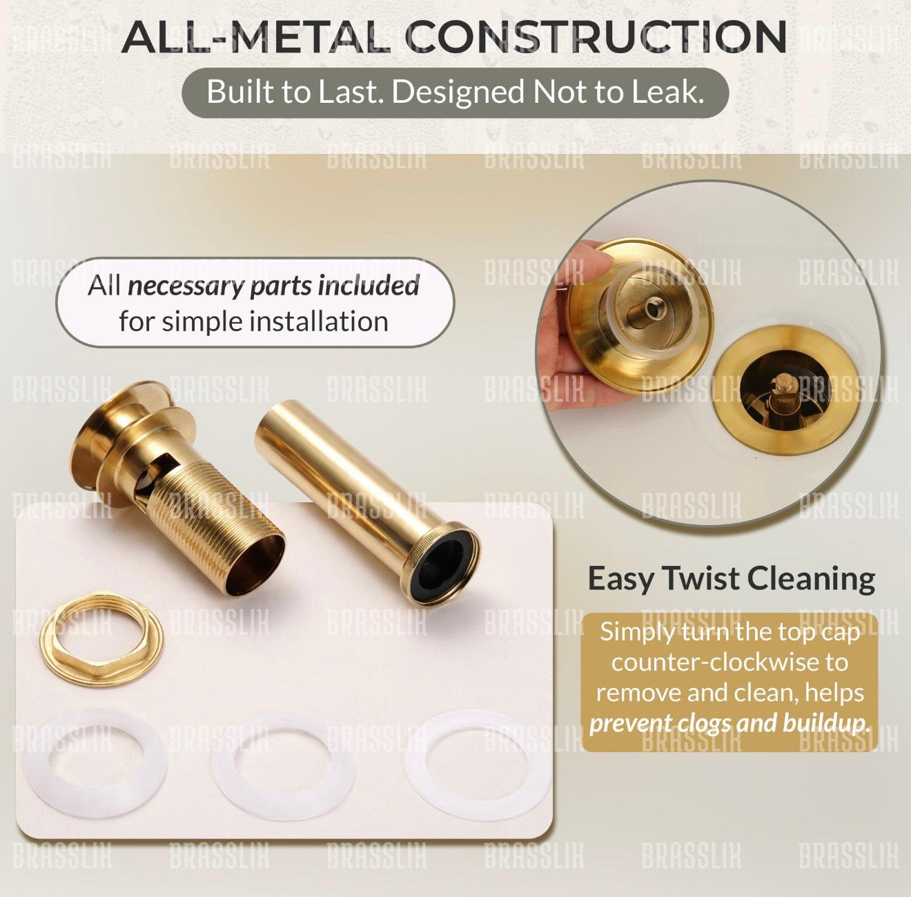 Bathroom Sink Pop-Up Drain with Overflow – US Standard, Unlacquered Brass