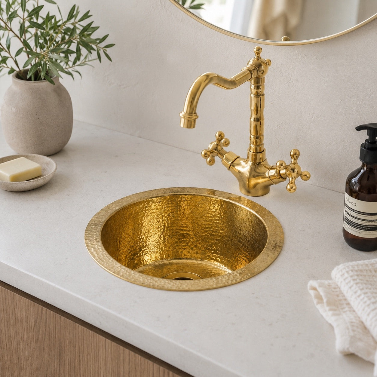 Hammered Unlacquered Brass Round Bar Sink