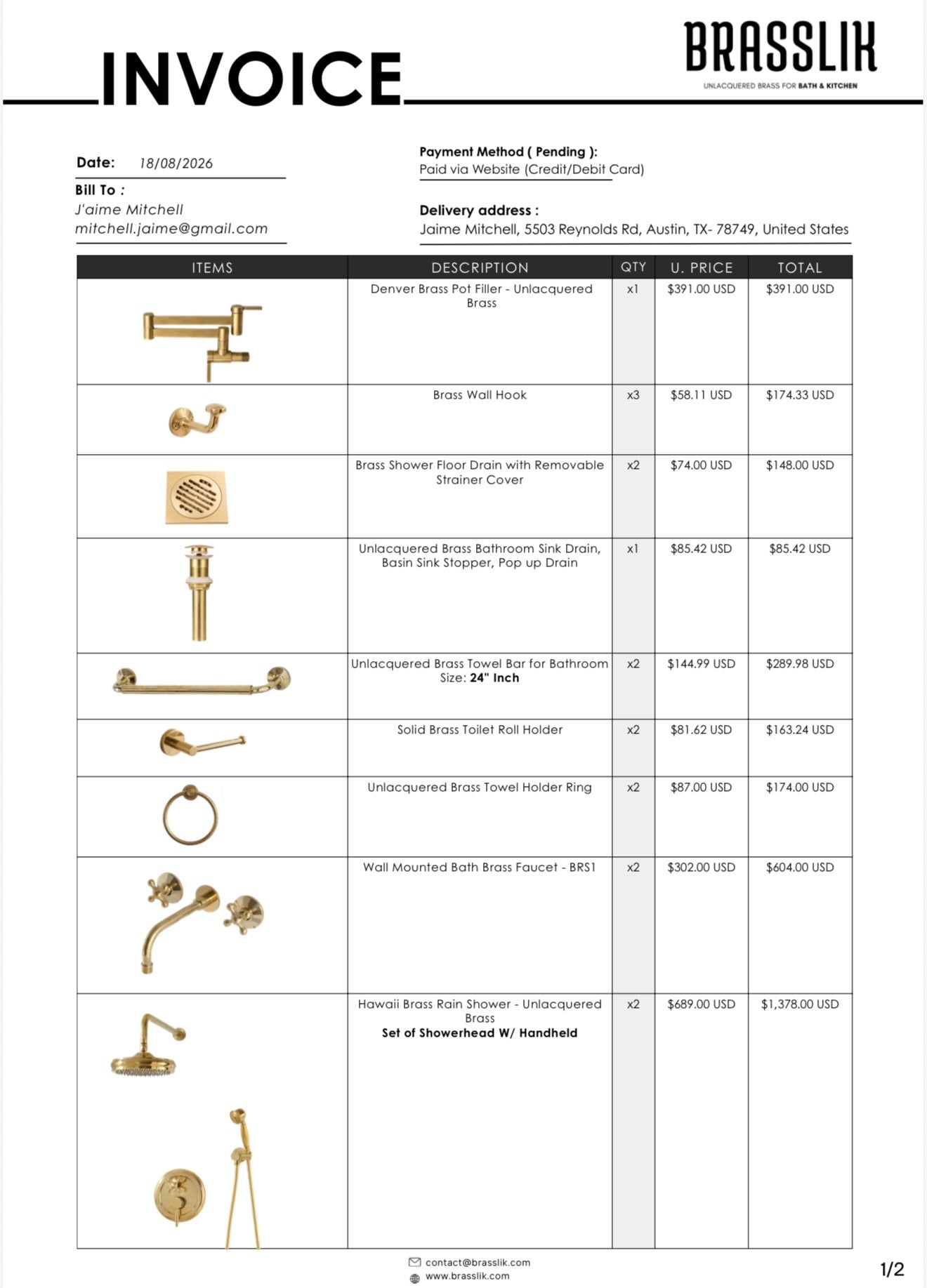 Reorder – Unlacquered Brass Bathroom Fixtures