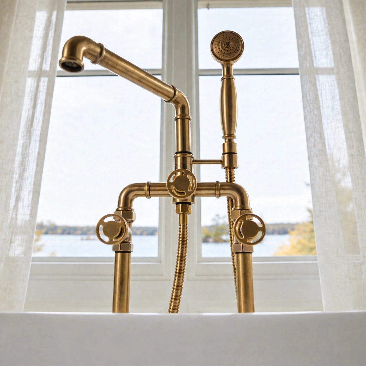 Lewistown Tub Filler with Hand Shower – Unlacquered Brass
