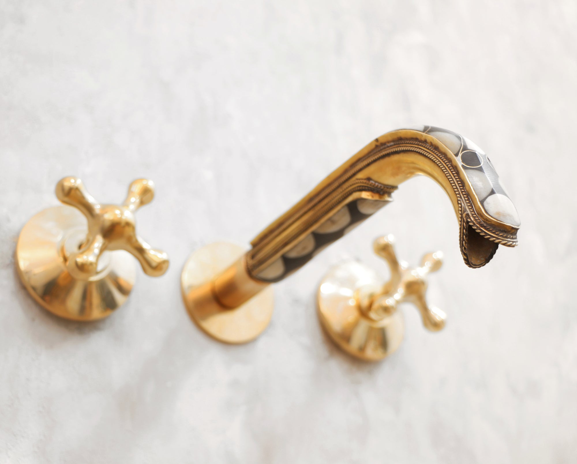 Handcrafted Wood &amp; Brass Wall Mounted Faucet