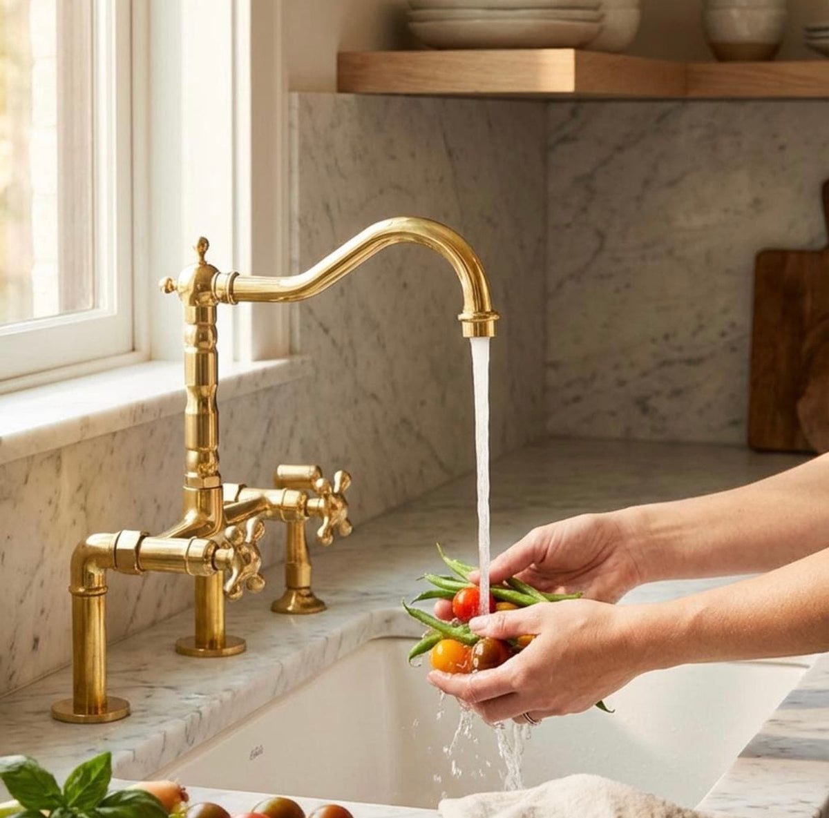 The Farmhouse Bridge unlacquered brass kitchen faucet