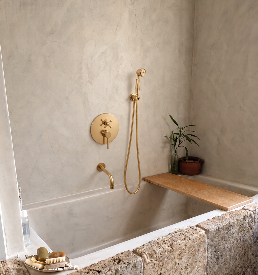 Wall Mounted Tub Filler with Hand Shower – Unlacquered Brass